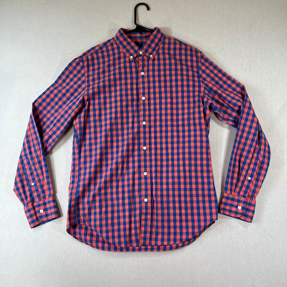 J Crew Shirt Mens M Orange Blue Gingham Button Down Long Sleeve 100% Cotton